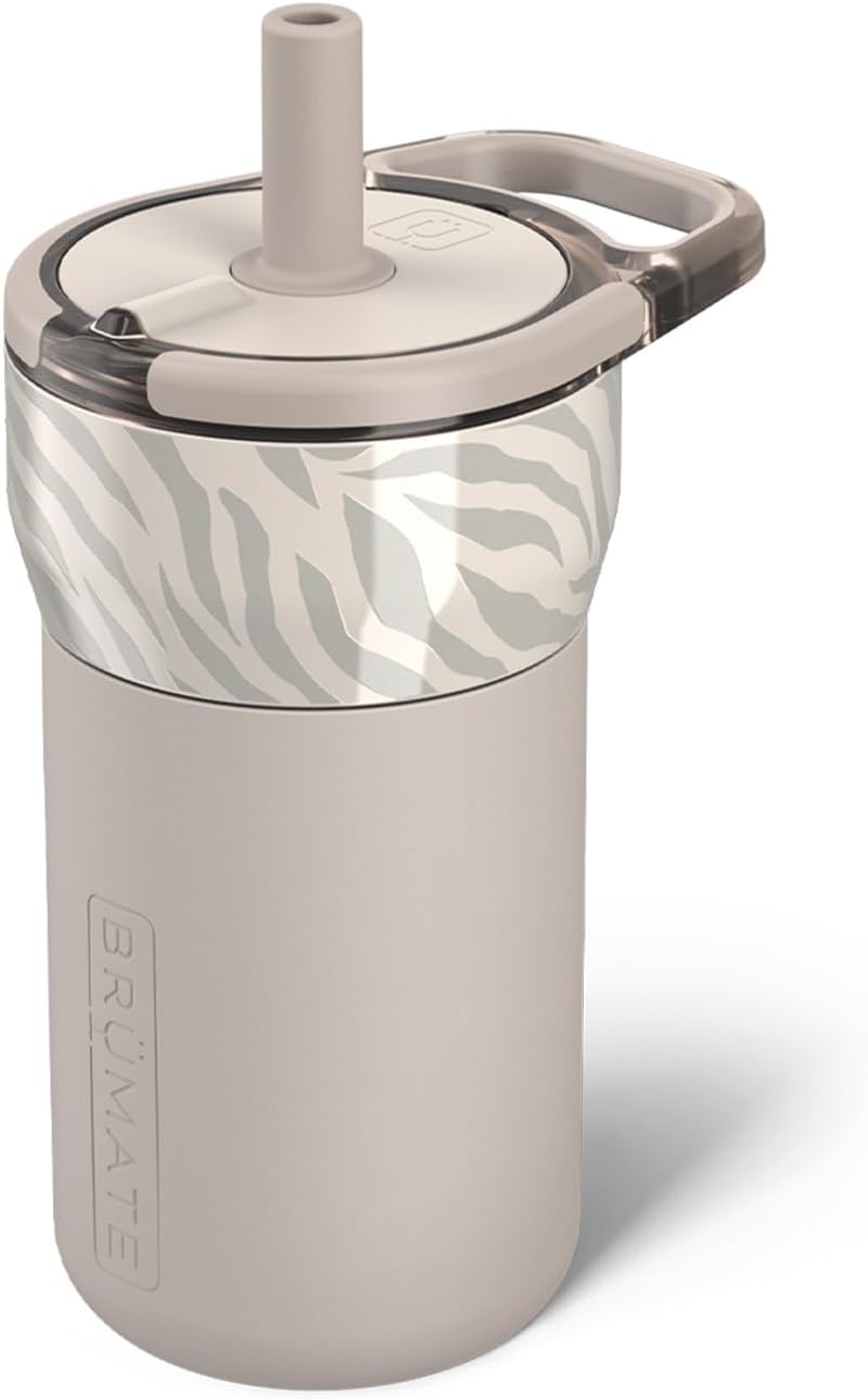 Brumate kids tumbler with handle straw silicone sleeve Zebra