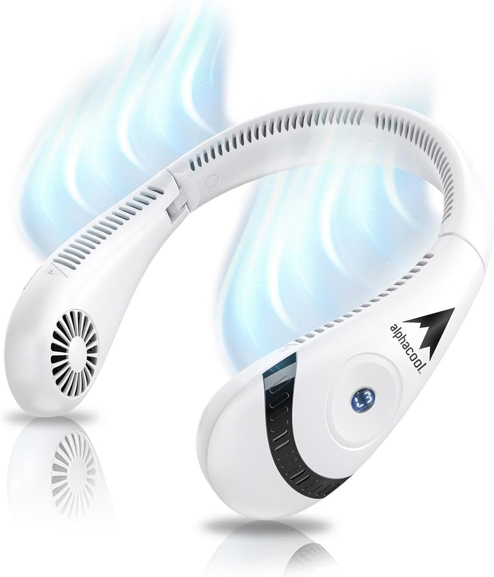 AlphaCool Portable Neck Fan showing airflow around the neck.