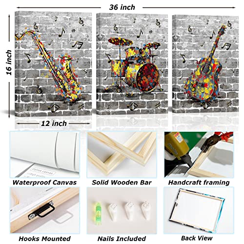 Conipit Musical Instruments Canvas Wall Art Graffiti Music Pictures Prints Guitar Drum Saxophone Painting Yellow Grey Music Artwork Framed Ready To Hang(12''X16''X3Pcs) #TOP5