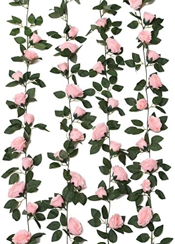 Artificial Flowers Garland 4 Pack Fake Silk Rose Vine with Leaves Hanging Plants for Wedding Party Holiday Decoration (Pink, 4)
