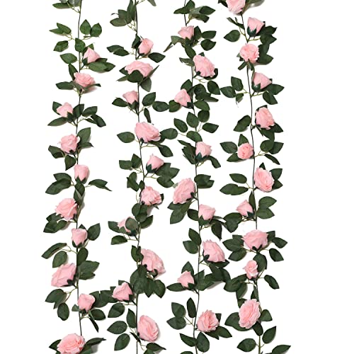 Artificial Flowers Garland 4 Pack Fake Silk Rose Vine With Leaves Hanging Plants For Wedding Party Holiday Decoration (Pink, 4) #TOP2