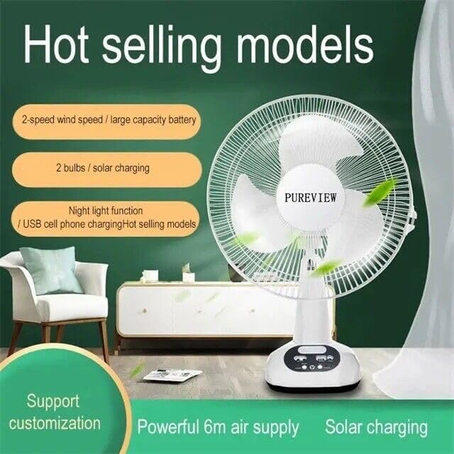 Miniatura 7 de Nuevo ventilador recargable 2023 con panel solar, puerto USB, luz LED y 2 bombillas gratis