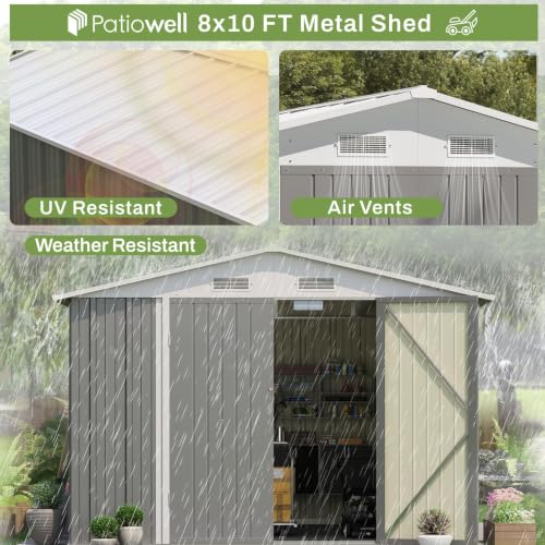Image of Patiowell 8x10 FT Outdoor Storage Shed, Metal Sheds, Gray