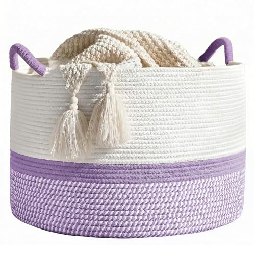 Image of Large Storage Basket - 50 x 35 CM Cotton Rope Laundry Basket Toy Basket with Handle, Toy Storage Basket for Kids, Baby Woven Laundry Hamper, Blanket Basket for Living Room Nursery, White+Purple