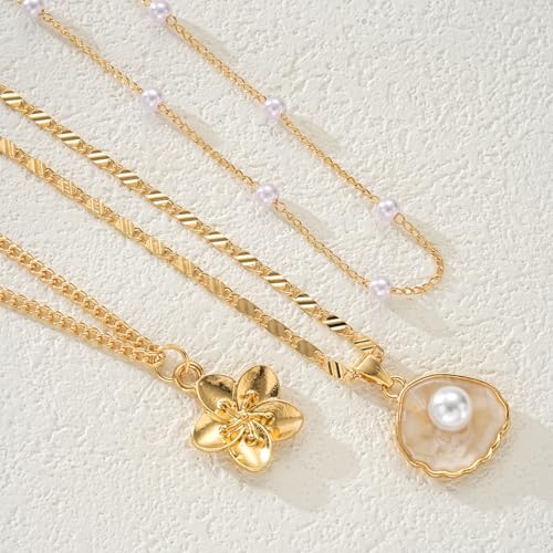 Gold Layered Necklaces for Women,Dainty 14k Gold Plated Stackable Choker Necklaces for Women,Trendy Layering Pearl Chain Paperclip Pendant Jewelry Set Gifts4