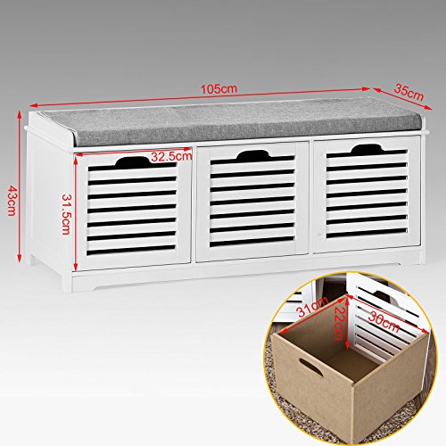 Haotian Fsr23-W, White Storage Bench With 3 Drawers & Padded Seat Cushion, Hallway Bench, Shoe Cabinet, Shoe Bench #TOP2