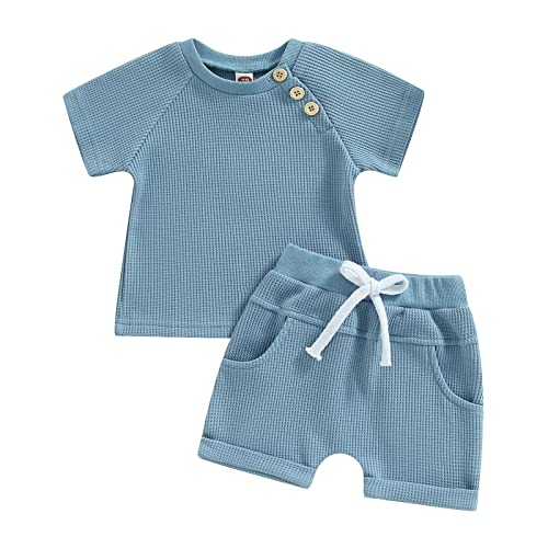 Toddler Baby Boy Girl Clothes Summer Waffle Knit Short Sleeve Buttons T-Shirt Elastic Waist Shorts Set 0-3T Outfits (Blue Waffle Knit, 0-6 Months) #TOP5