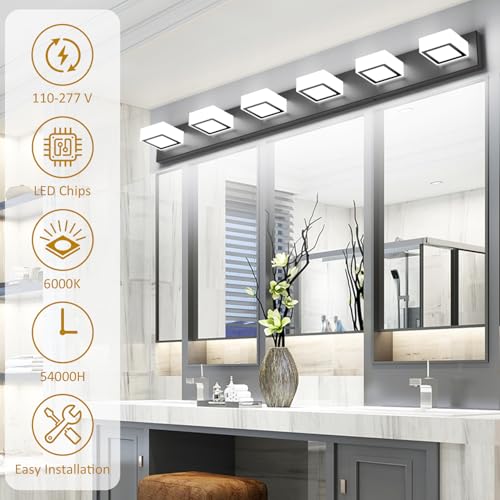 Image of Ralbay Black Bathroom Vanity Lights 48inch Metal Acrylic LED Modern Bathroom Wall Lighting Fixtures Matte Black (White Light 6000K, Non-dimmable)