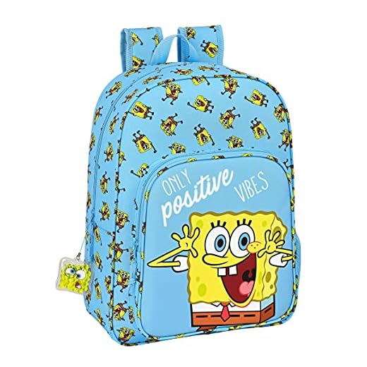 Safta Mochila Escolar Niños de Bob Esponja Positive Vibes, 330x140x420 mm, Azul Claro/Amarillo