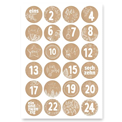 Adventskalender Aufkleber (Zahlen 1-24) - Sticker für Kalender zum selber basteln für Weihnachten - Adventskalenderzahlen Etiketten selbstklebend - Zahlenaufkleber - Nummern für Papiertüten - Rund
