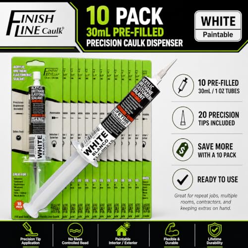 Image of Finish Line Caulk 30mL Pre-Filled Precision Caulk Applicator White 10-Pack | Clean, Controlled Application with Less Mess and Rework