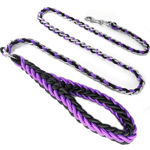 Dog Leash Rope Chain, Nylon Rope Metal Chain for Pet Leads. 6ft Heavy Duty Chew Proof Training Walking for Medium Large Dogs. (Large, Purple&Black)