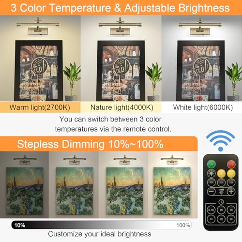 Image of Tassuowell Wireless Picture Lights for Wall,12 Inch Battery Operated Picture Light,3CCT Dimmable Lights for Pictures on Wall with Timer and Remote for Display Photo Frame (Antique Bronze, 12inch)