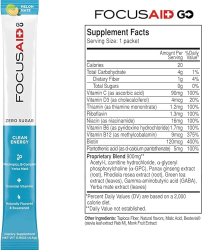 Image of FOCUSAID GO Nootropics Energy Blend, Zero Sugar, Alpha-GPC, GABA, B-Complex, Yerba Mate, Green Tea, Keto Friendly, 100mg Caffeine, 30 Count (Pack of 1)