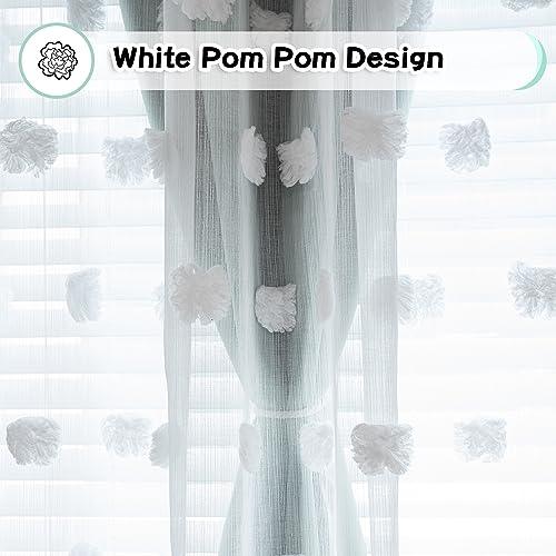 Image of MYSKY HOME Aqua Curtains for Kids Room Nursery Curtains 72 Inches Long for Girls Bedroom Double Layer Curtains White Pom Pom Sheer Curtains for Dining Room Grommet Room Darkening Panels W52 X L72