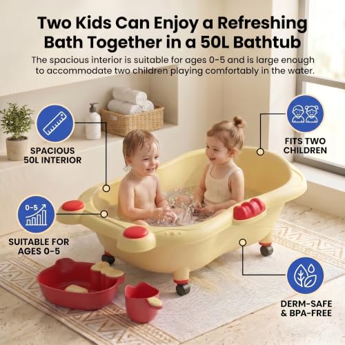 Image of StarAndDaisy AquaNest Baby Bath Tub for Newborn to 5 Years with Ergonomic Baby Bather Seat, 360 Wheels, Bathing Tray & Mug, BPA-Free Kids Bathtub with Drain Plug & Rolling Base