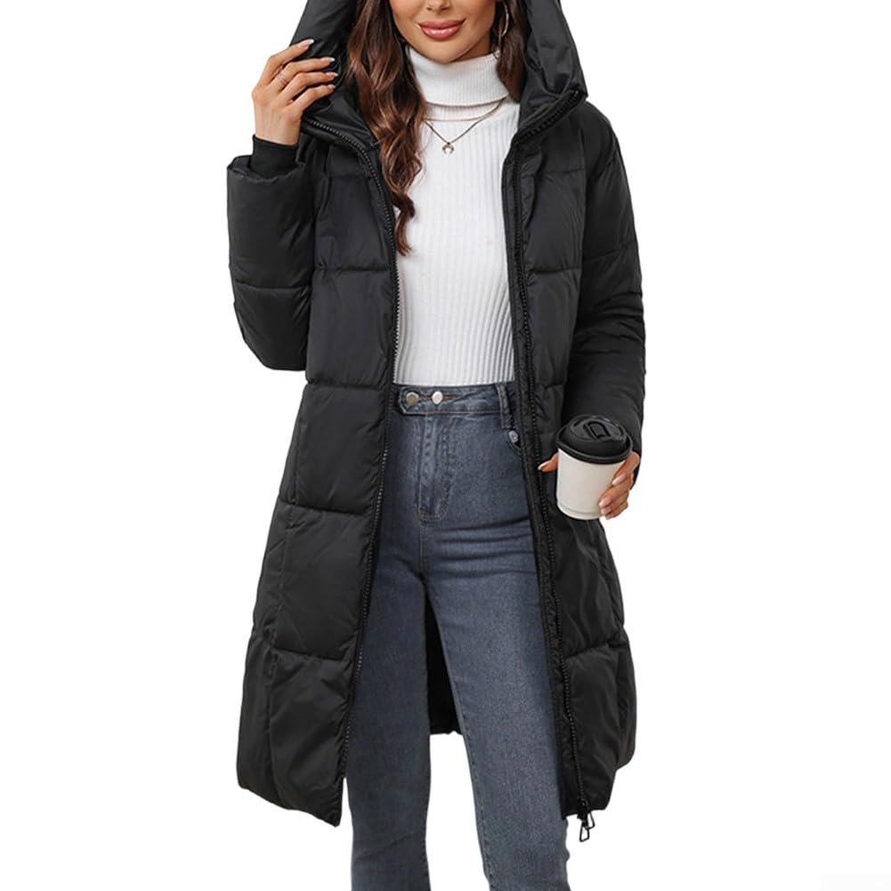 Piumino lungo da donna con cappuccio, parka invernale spesso e caldo, giacca imbottita con doppia cerniera, abbigliamento casual, per uso quotidiano nero bianco kaki marrone