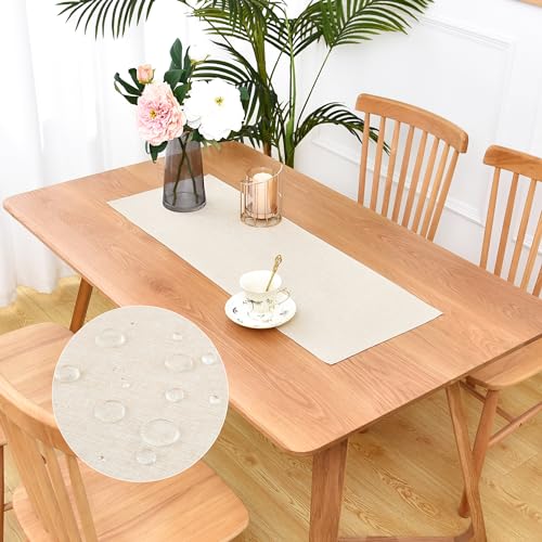 Waterproof Faux Linen Table Runner Farmhouse Small Neutral Table Runner 36 Inches Rustic Washable Short Table Runner for Kitchen Dining Room Indoor Outdoor 13x36 Inch