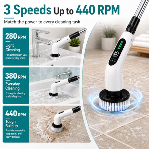 Image of PPLEE Cordless Electric Spin Scrubber, 3 Speeds, 51-Inch Long Handle