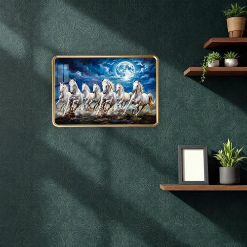 Image of Dharvika Innovations 7 Running Horses Photo Frame, Ultra High Gloss Lamination, Vastu Painting for Living Room, Office, 12x18 Inch (Design 13)
