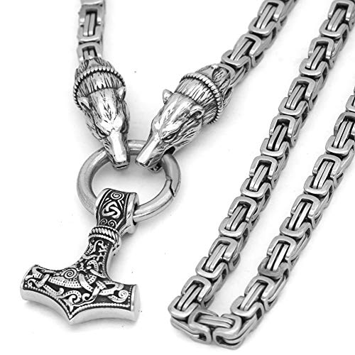 GuoShuang Men Stainless Steel Viking Bear Head with Thor Mjolnir Pendant Necklace -King Chain
