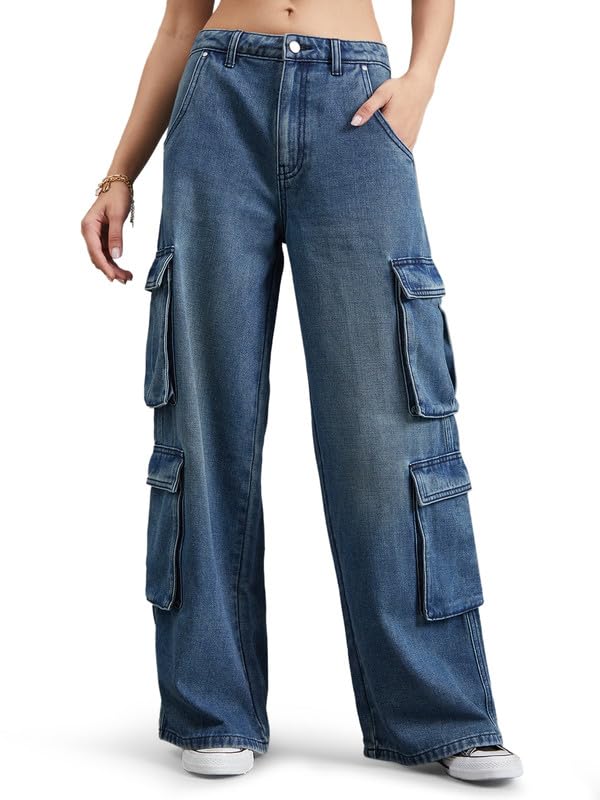 Image of GO COLORS Mostlysane Collection Denim Cargo Pant for Women | Breathable, Mid Rise, 8 Pockets