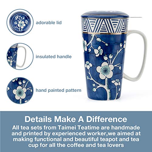 Taimei Teatime Hand Painted Tea/Coffee Mug, Ceramic Tea Cup with Infuser and Lid, 17 fl oz Large Tea Maker for Loose Leaf Tea, Blue and White - Thumbnail 3