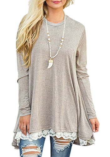 Afibi Women Lace Long Sleeve A-line Swing T-Shirt Loose Tunic Top Blouse (XX-Large,Light Khaki)
