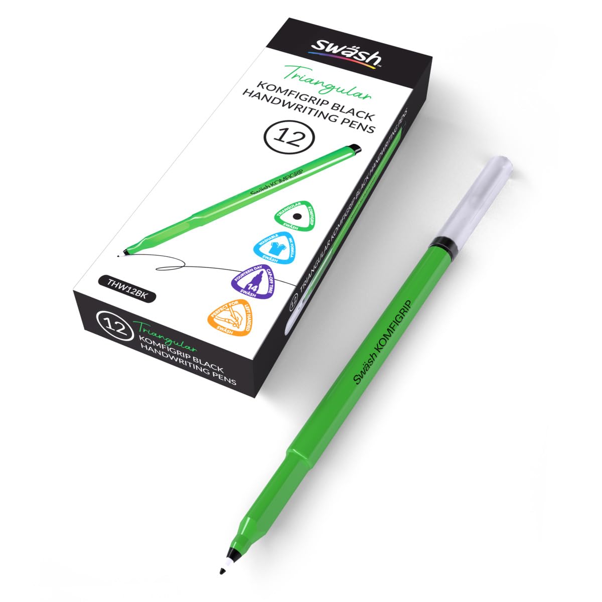 Komfigrip Handwriting Pens, Triangular Grip for Added Control, Premium Quality, Washable Ink, Vibrant & Durable Fibre Tip Pens - Black Ink 12 Pack