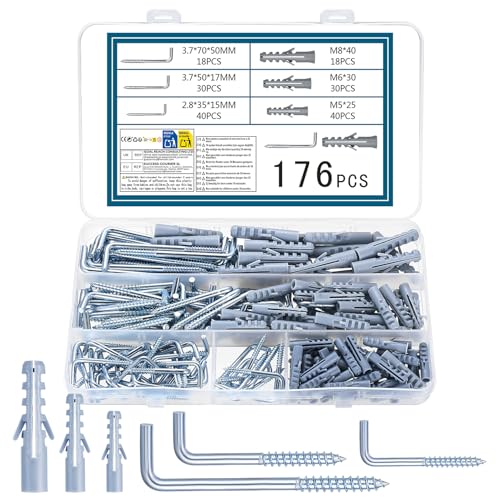 176 Stk L-schraubhaken mit Dübel Schrauben Set,Bilderhaken zum Schrauben Dübel Set,Schraubhaken Gerade Wandhaken,Schraubenhaken Rechtwinklige Metallhaken für Haus Büro Aufhängen,88 Haken,88 Dübelset
