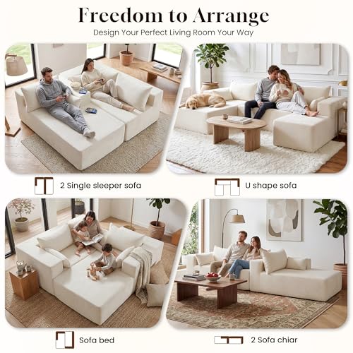 Image of 106 inch Cloud Sectional Boneless Couches for Living Room, Modular U Shaped Couch with Deep Seat, Removable Ottoman, Memory Foam Compressed Spineless 4 Seater Sofa for Bedroom Apartment, Beige