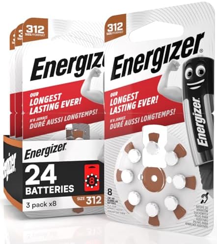 24 Energizer Hörgerätebatterien für Kopfhörer, Größe 312, Braun, ohne Quecksilber, 3 Packungen mit je 8 Batterien