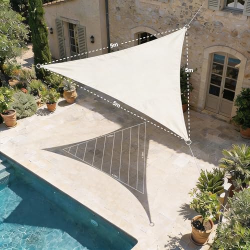 HAIKUS Toldo Vela Triangular 5x5x5 m, Vela de Sombra Triángula 5x5x5m HDPE, Transpirable, Resistente al 98% Rayos UV para Exterior, Patio, Jardín, Terrazas (Blanco)