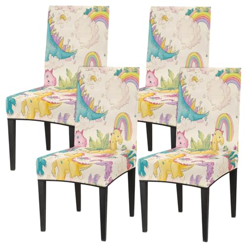 Mexpekil Juego de 4 fundas elásticas para sillas de comedor, diseño de dinosaurio, arcoíris, acuarela, con respaldo alto, elásticas, lavables, para derrames, mascotas, manchas, cocina, hotel, fiesta