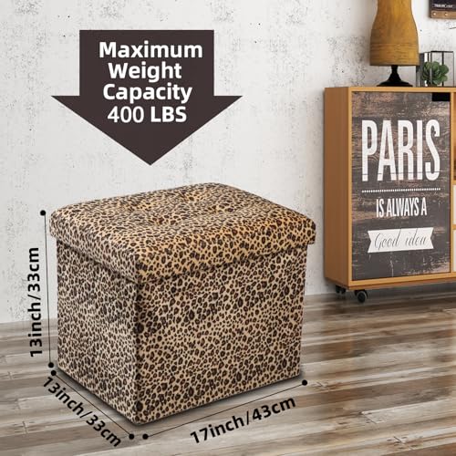 Image of ALASDO Ottoman Storage Ottoman Footrest Stool Foldable Foot Rest Footstool Bench for Living Room 17x13x13inches Leopard Print