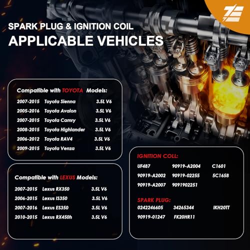 EzeXpreze Set of 6 Ignition Coils Spark Plugs for Toyota Sienna Avalon Camry Highlander RAV4 Lexus RX350 IS350 ES350 2007 2008 2009 2010 2011 2012 2013 2014 2015 Coil Packs Spark Plugs 3.5 V6# UF487 by E EZEXPREZE - Used condition - Image 2