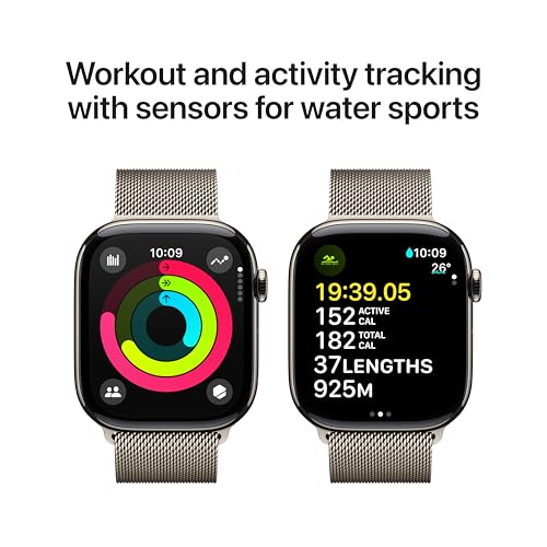 Image of Apple Watch Series 10 [GPS + Cellular 46 mm] Smartwatch with Natural Titanium Case with Natural Milanese Loop - M /L. Fitness Tracker, ECG App, Always-On Retina Display, Carbon Neutral
