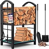 AMAGABELI GARDEN & HOME Firewood Rack Indoor with Tools 5-Piece Fireplace Tools Set Wood Holder...