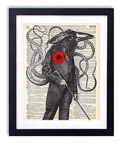 Gentleman Octo-Crow Vintage Dictionary Art Print, Antique Wall Art Home Decor, Modern Boho Poster, Farmhouse Decoration Living Room Bedroom Office 8x10 Inches, Ready To Frame