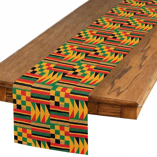 Black History Month Kente Pattern Linen Table Runner: African American Heritage Festival Equality Social Celebration Tablerunner for February Festive Home Kitchen Dining Mantel 13×72Inches(1 Pcs)