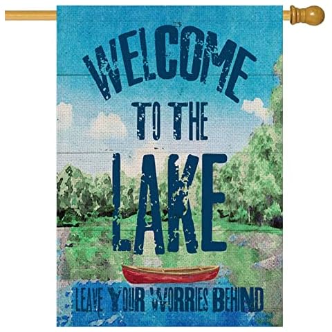 Qinqingo Welcome to The Lake House Flag 28 x 40 Inch Vertical Double Sided Burlap Leave Your Worries Behind Garden Yard Flag Outside Outdoor Decoration (HL19) Cover