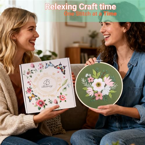 Image of Bonroy 4 Sets Embroidery Set for Beginners, Art Craft, Easy Sewing Embroidery Kit Includes Embroidered Clothes with Patterns, Embroidery Hoops, Instruction Manual, Color Stitch Set (3)
