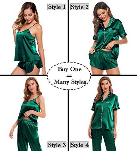 Image of SWOMOG Womens Silk Satin Pajamas Sets 4pcs Sleepwear Sexy Cami Shorts Set and Button Down Short Sleeve Pjs Loungewear Persian Green XX-Large