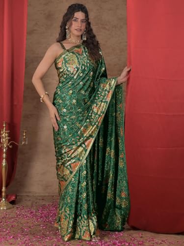 Image of Satrani Women's Crepe Foil Printed Weaving Banarasi Saree with Unstitched Blouse Piece