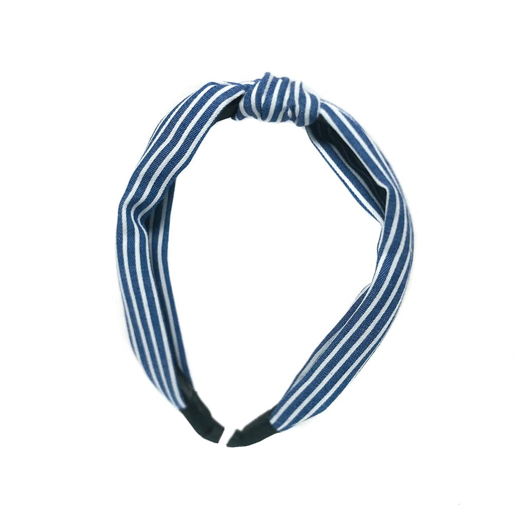 Blue Denim Knot Headband Stripe Pattern Cross Knotted Design Non Slip Hair Hoop Stylish Hair Accessory for Women and Girls Daily Wear and Various Occasions - Image 2