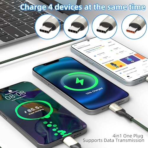 2Pack 4FT Multi Charging Cable ，USB C Splitter Cable，4 in 1 Fast Charging QC3.0 Nylon Braided Charging Cord with 4 Type-C Cable, for iPhone 15 Pro Max/Android and Tablets (USB C Splitter Cable)