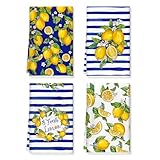Arquiel Lemon Kitchen Towels Soft Thick Cotton Blend Navy Blue Hand Towels, 16.5 x 27.5'' Absorbent Dish Cloth for Kitchen Home Decor, Housewarming, Birthday Gifts for Women, Set of 4