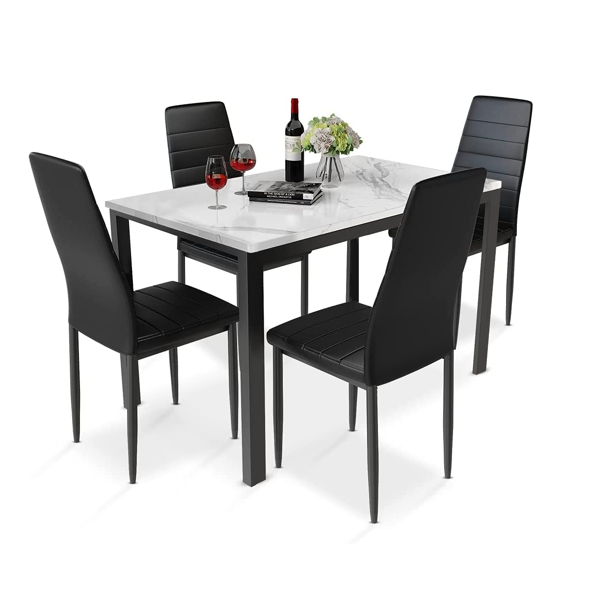 Recaceik Furniture 5 Piece Faux Dining Set, Modern Kitchen Table Marble Top and High Chairs for Breakfast Nook Small Spaces, White+Black*
