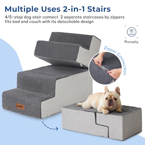 Dog Stairs for Small Dogs - Pet Stairs 2 in 1 with Zippers Suitable for Couch and Bed, 35D Foam Dog Steps with Non Slip Bottom Grey 4 Steps, Grey - Image 3