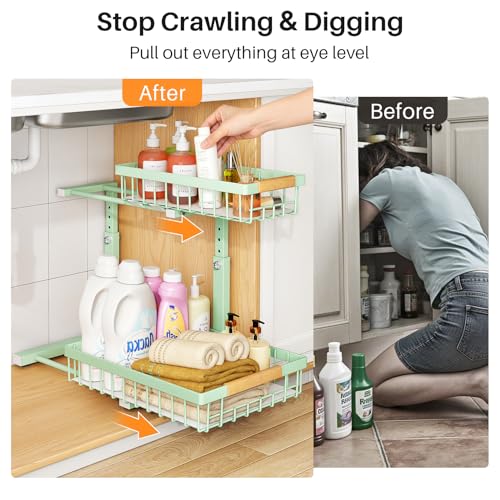 Image of PXRACK Under Sink Organizer, Adjustable Height, 2 Tier Pull Out Under Cabinet Organizer, Slide Out Thickened Metal Under Sink Storage for Kitchen Bathroom Laundry Pantry Cabinet, Green, Large-1-Pack